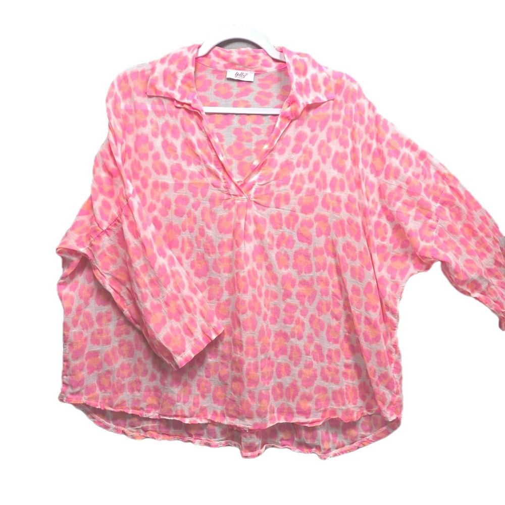 Yolly Italy Leopard Print Gauze Blouse Sz 7 Oversized Neon Pink Sheer Popover